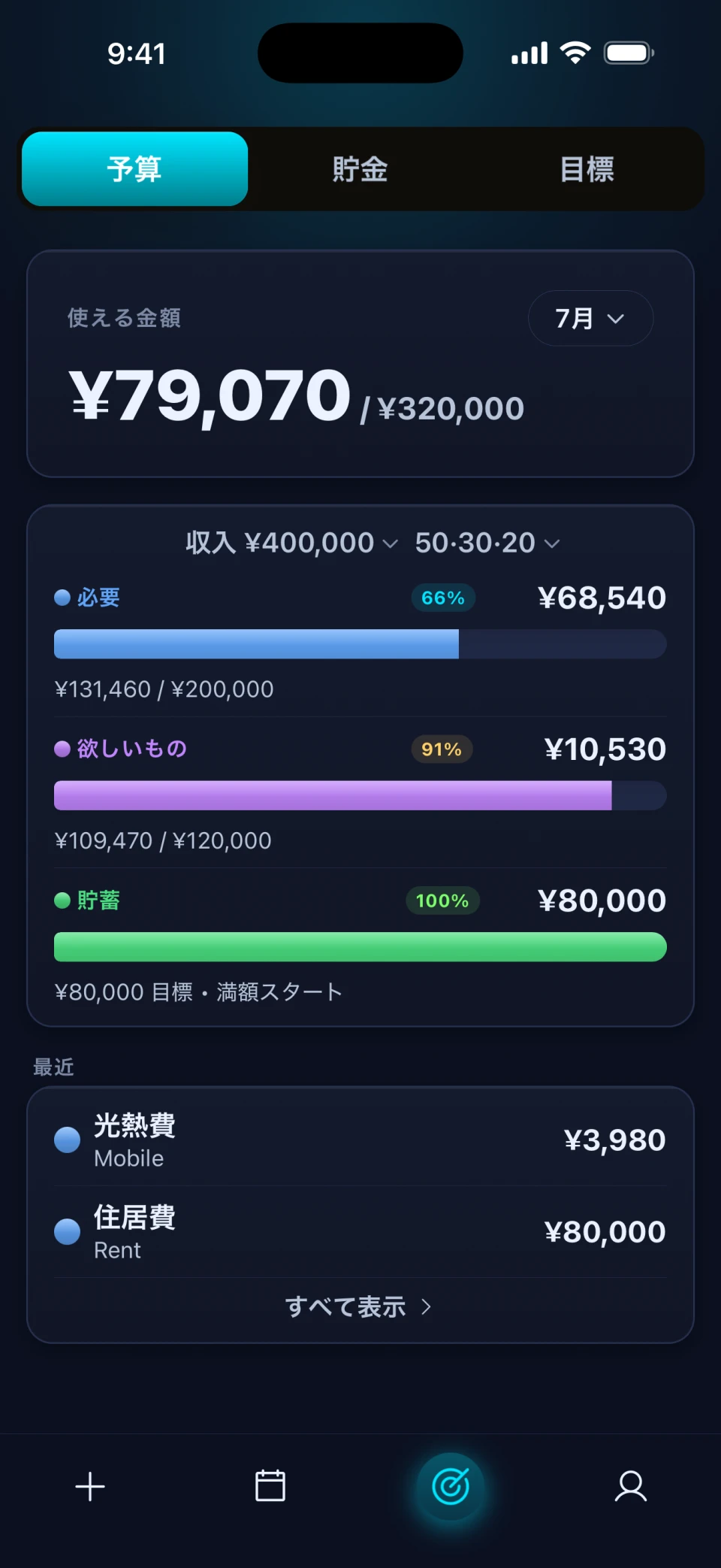 プレミアムテーマ「Tokyo Neon」の予算画面
